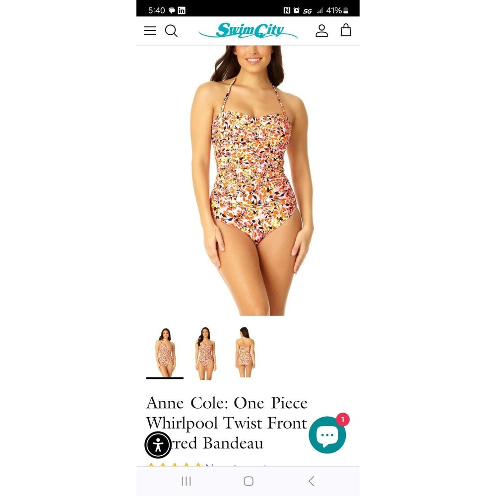 Anne Cole Twist Front Shirred Bandeau Removable Strap One Piece Sz 6 D14